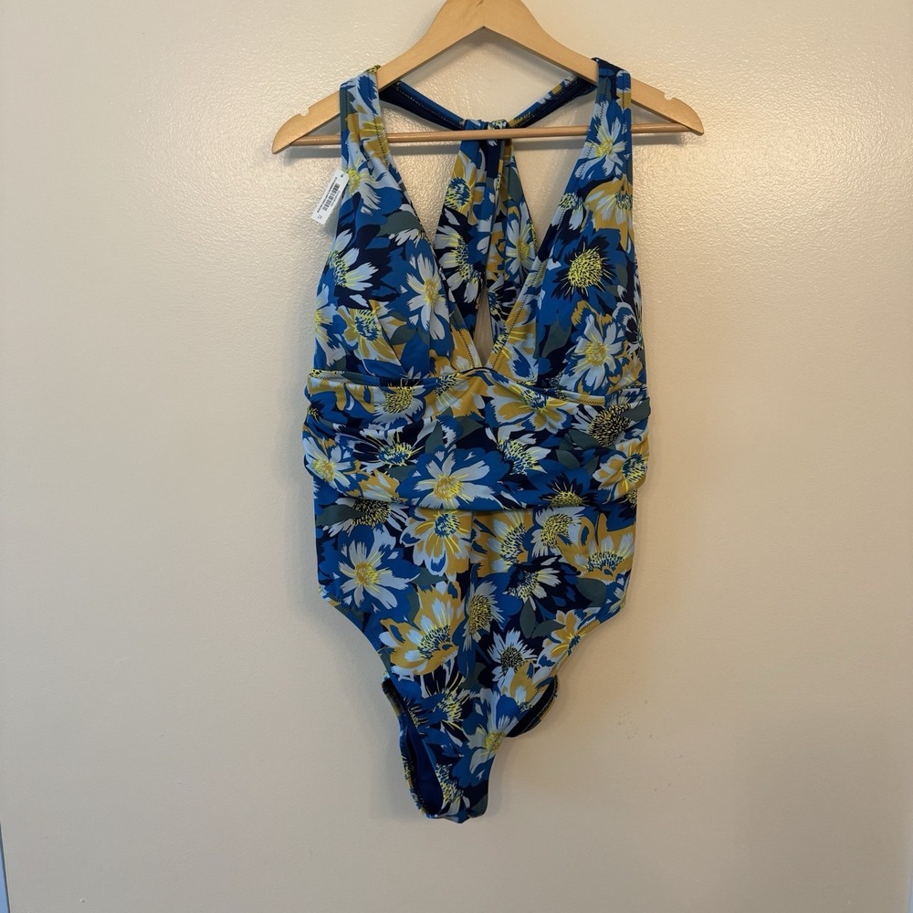 Adore Me Monroe One Piece Swimsuit Womens 2X Blue Yellow Floral Plunging V-Neck
